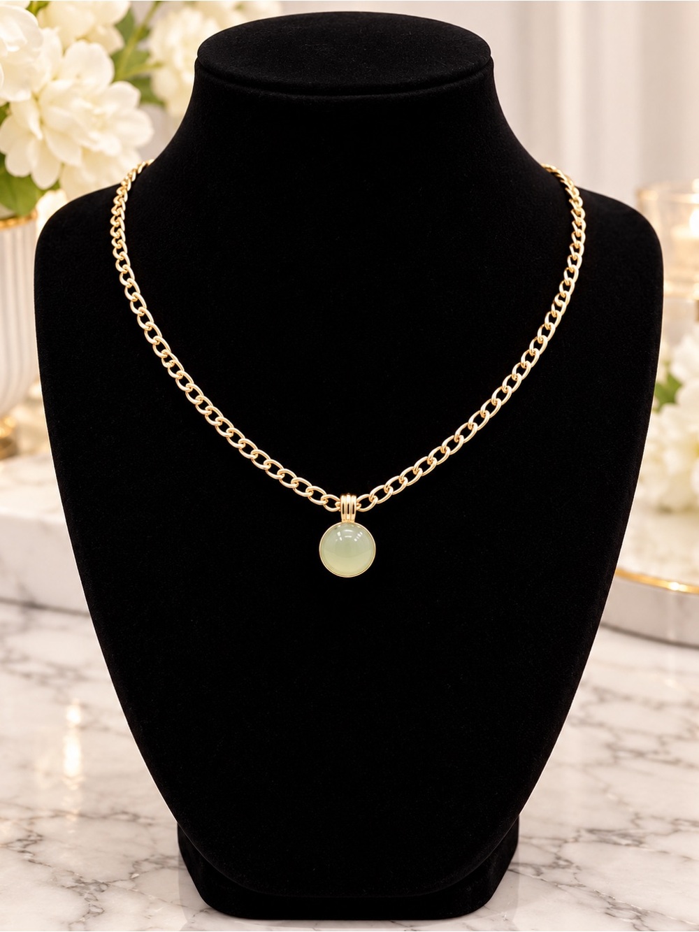 Natural Jade Stone Pendant Layered Gold Chain Necklace